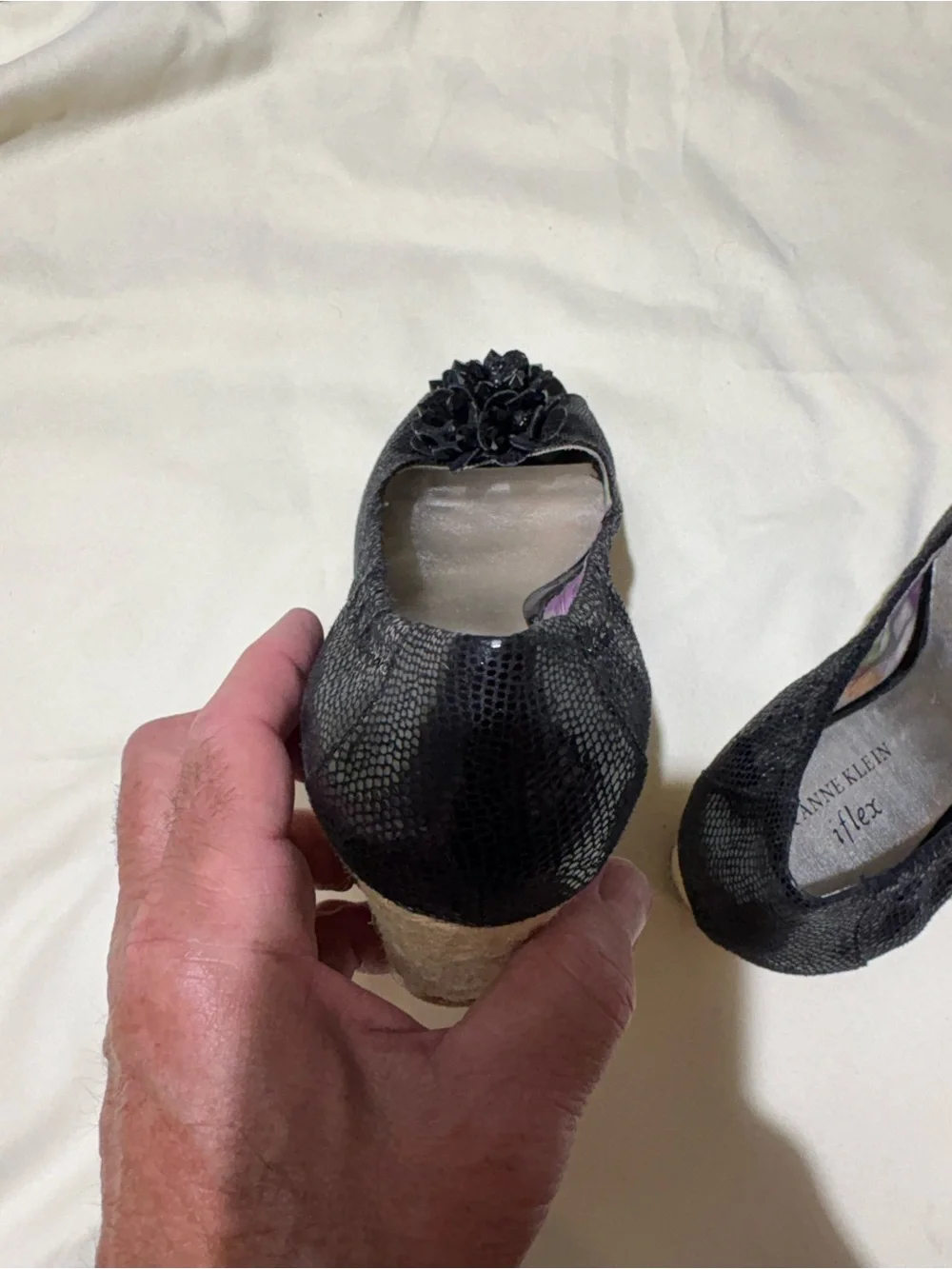 Anne Klein Black Open-Toe Pumps with Floral Rosette